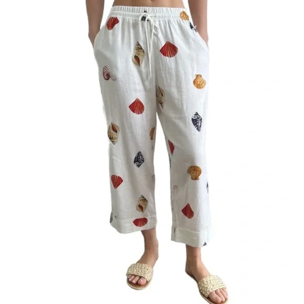 Rachel Zoe Seashell Crop Pants Drawstring Waist Linen size S resortwear coastal - Picture 4 of 5